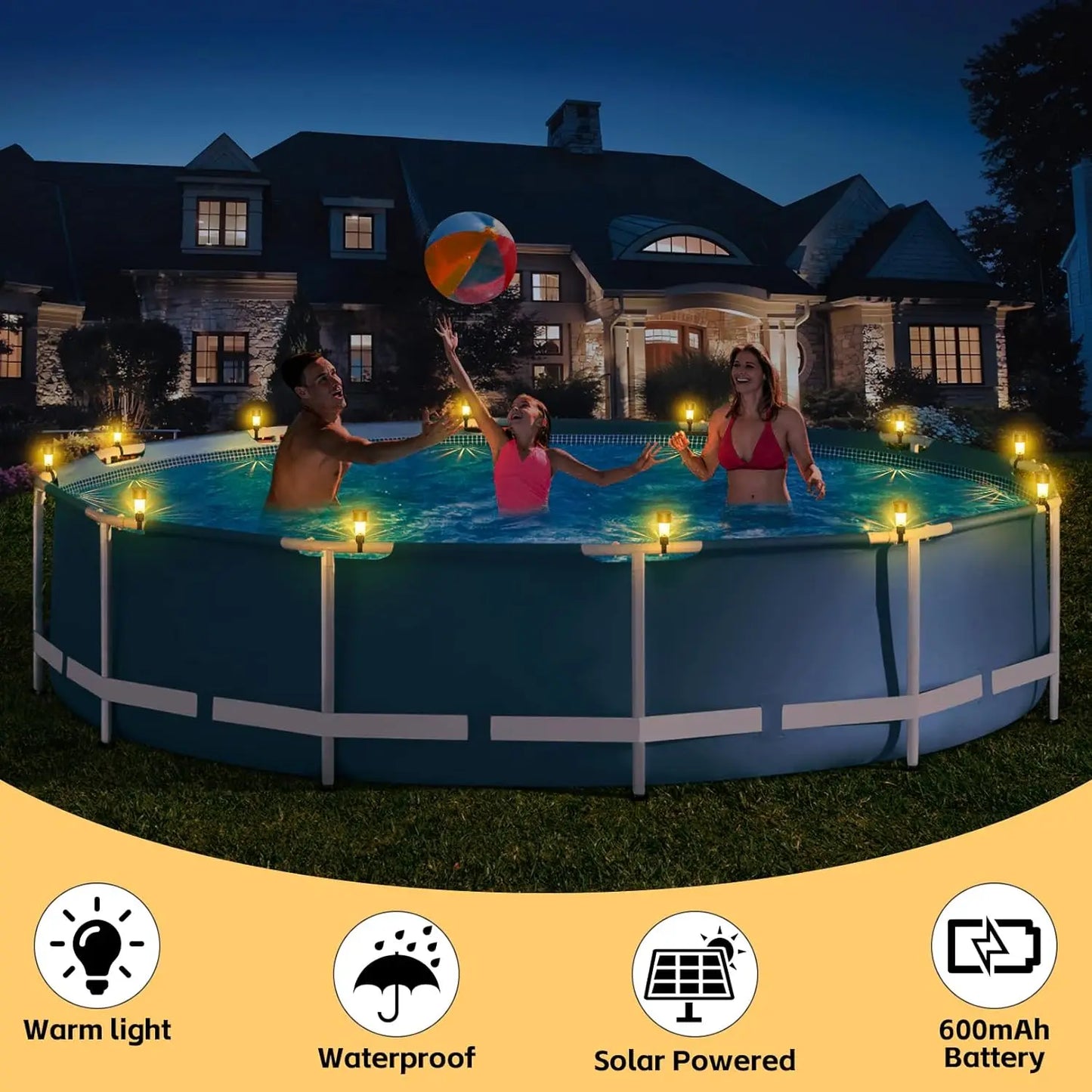 6 Pack Solar Pool Lights - Waterproof LED Lights for Pool Decoration,Outdoor Swimming Pool Accessories with Warm White Lights