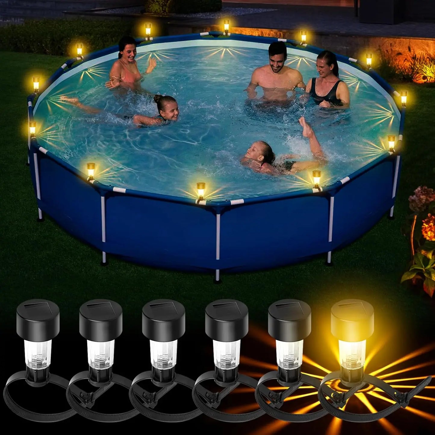 6 Pack Solar Pool Lights - Waterproof LED Lights for Pool Decoration,Outdoor Swimming Pool Accessories with Warm White Lights