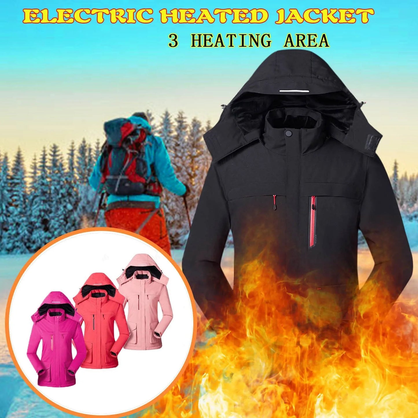 Women's Causal Heated Coat With 3 Heating Area Cotton Padded Warm Windprood Heated Outdoor Mountaineering Hiking Zipper Parkas