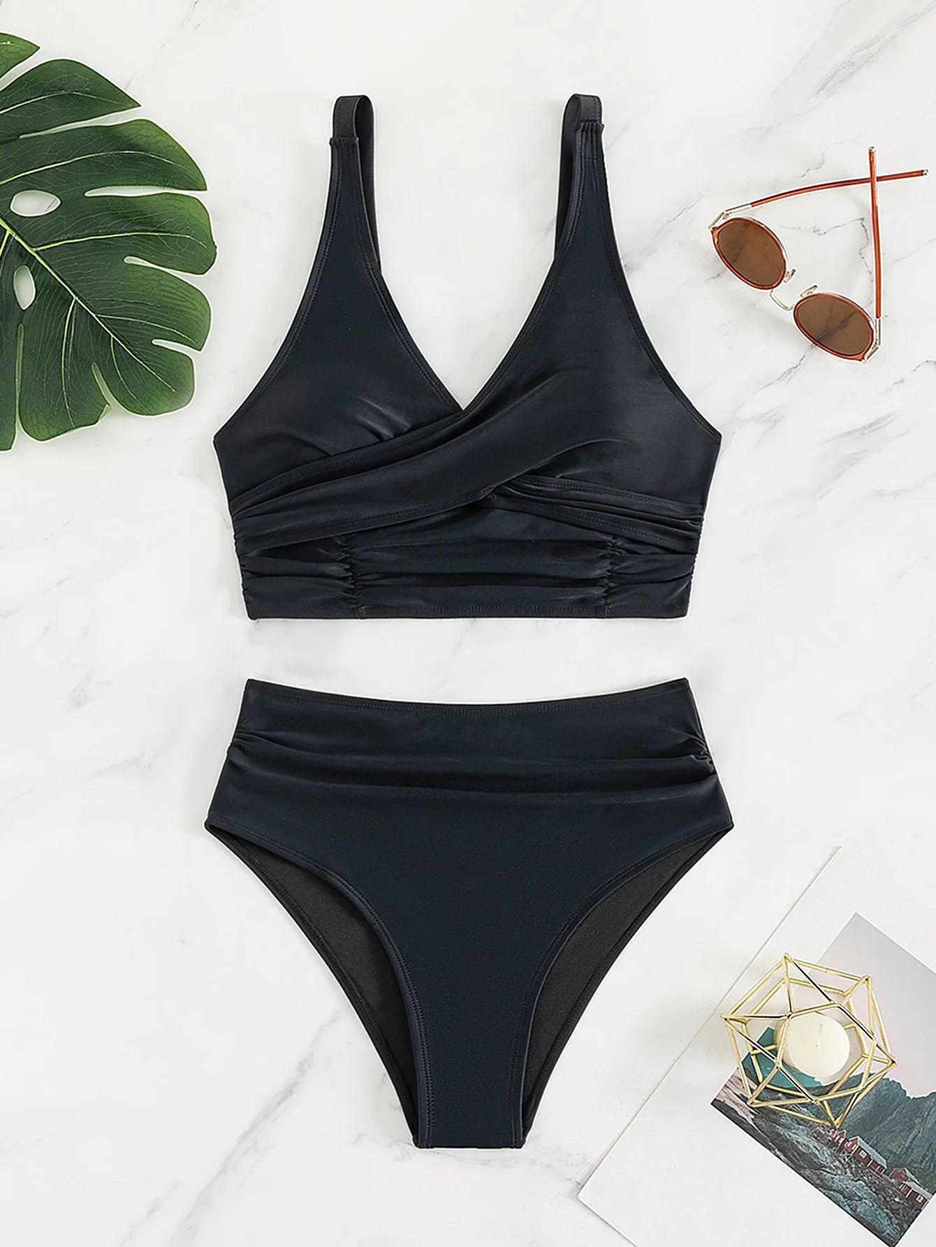 Summer Women V Neck Black Bikini Set High Waist