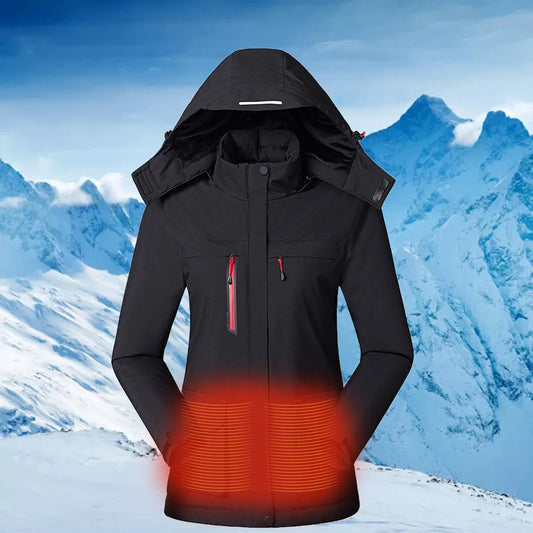 Women's Causal Heated Coat With 3 Heating Area Cotton Padded Warm Windprood Heated Outdoor Mountaineering Hiking Zipper Parkas