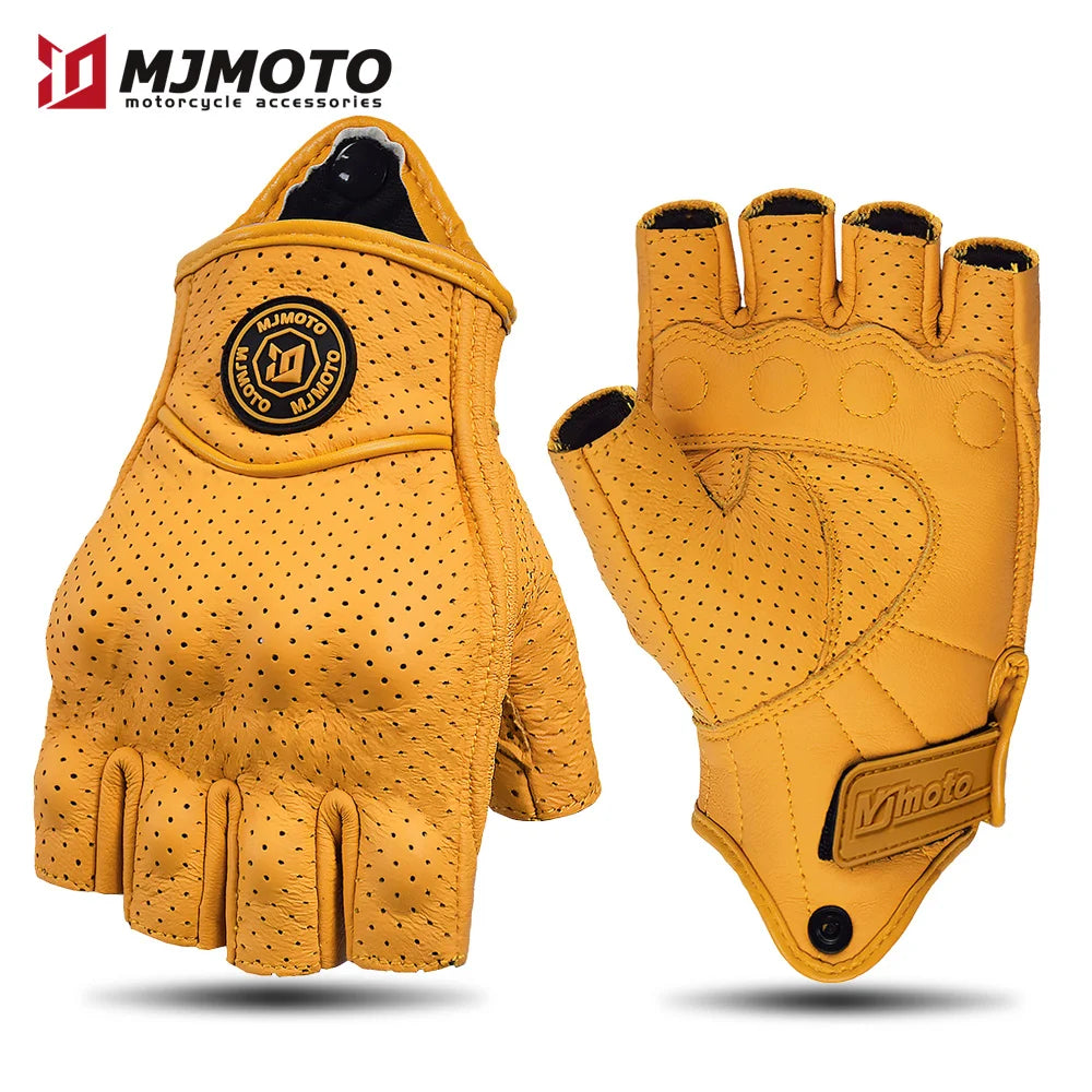 MJMOTO Retro Leather Motorcycle Half Finger Gloves