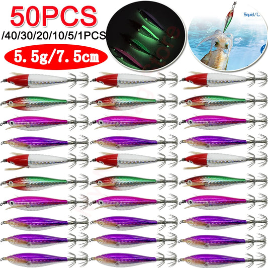 1-50PCS Eging Squid Jigging Wood Shrimp Hooks Octopus Bait 5.5g 7.5cm  luminous